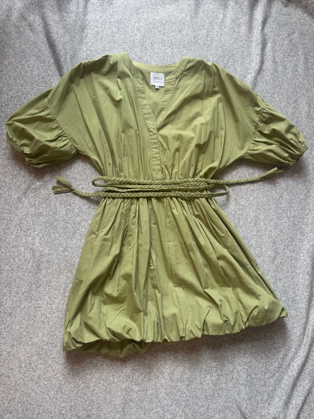 Misa Los Angeles Olive V-Neck Puff Sleeve Dress with Braided Waist Tie - Picture 1 of 3